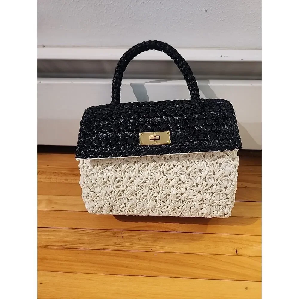 READVintage Woven Straw Clutch Bag Purse Black White Raffia Simon Made In Japan